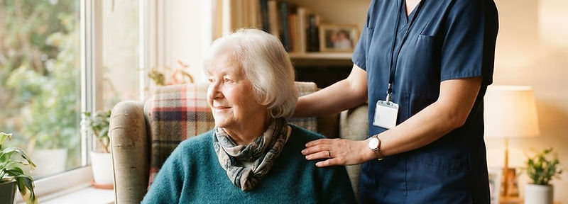 A caregiver's hand resting gently on the shoulder of an older adult seated at home