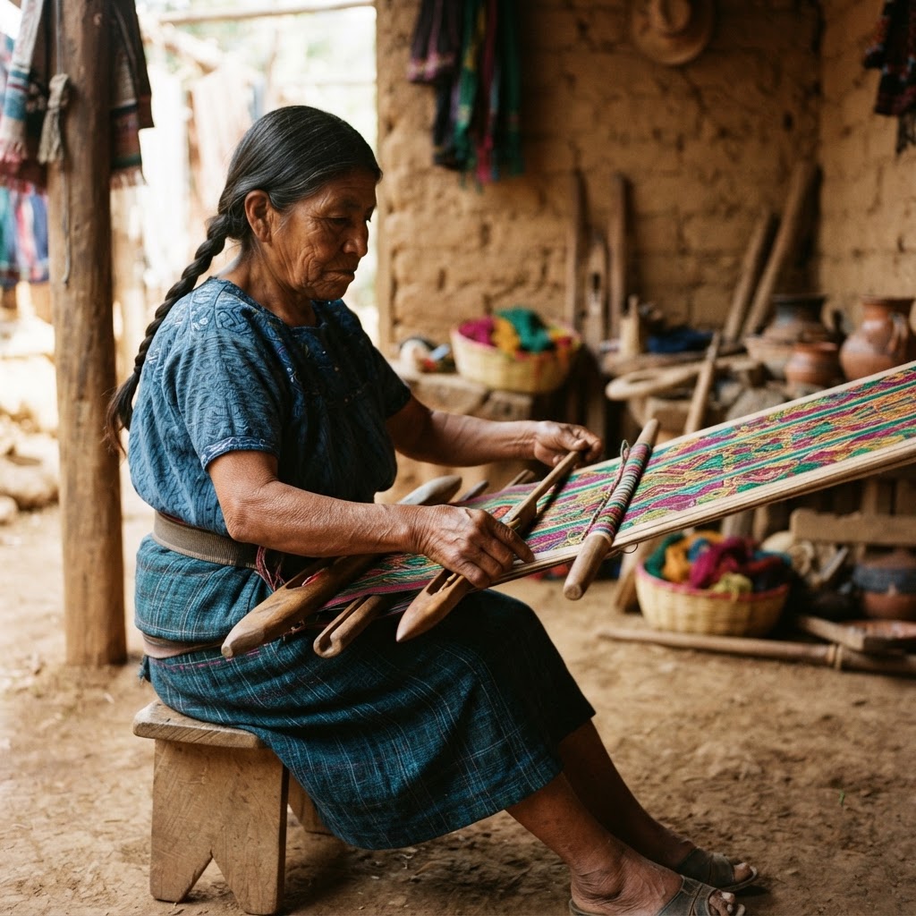 Artesana tseltal tejiendo en telar de cintura en Chiapas