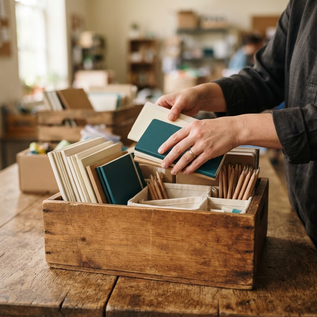 Hands carefully sorting notebooks and supplies into a donation crate