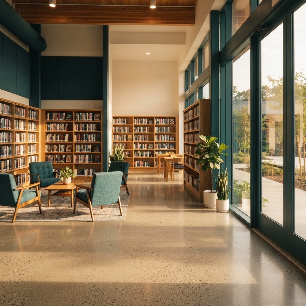 Sun-drenched community library with warm oak shelving and natural light
