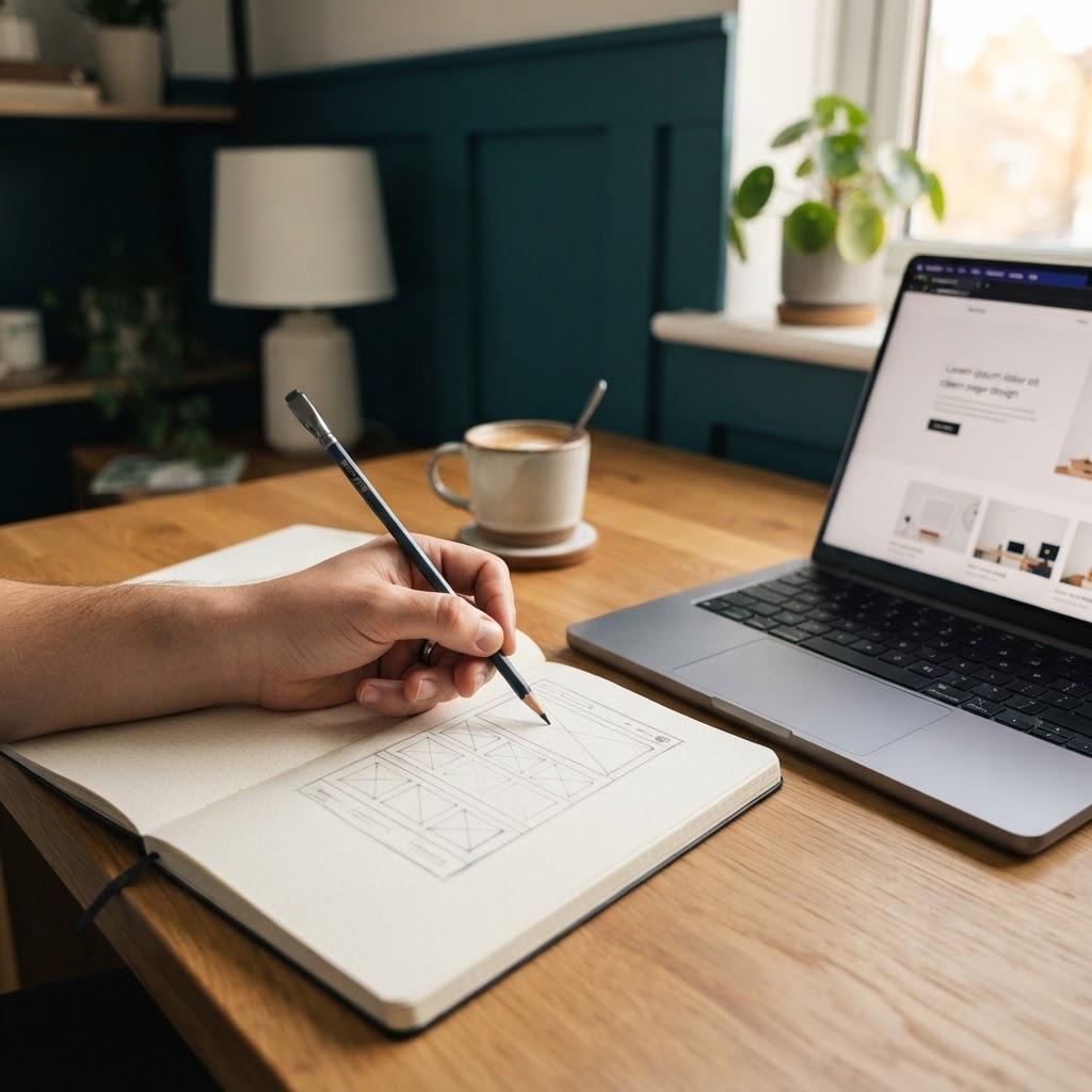Designer sketching a website layout next to a laptop