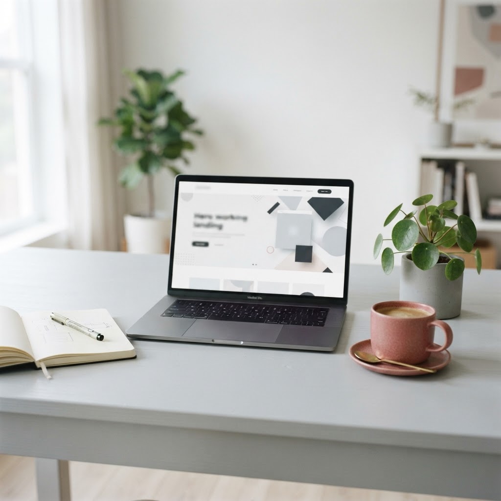 Laptop showing a modern website design on a minimal studio desk