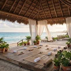 Clase de yoga al amanecer en Playacar