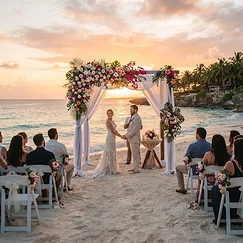 Boda en la playa con palapa y flores