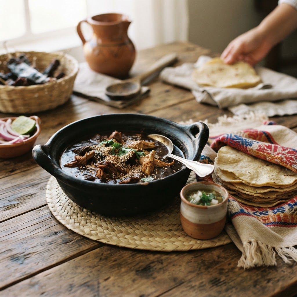 Mole prieto y tortillas de nixtamal, Tlaxcala