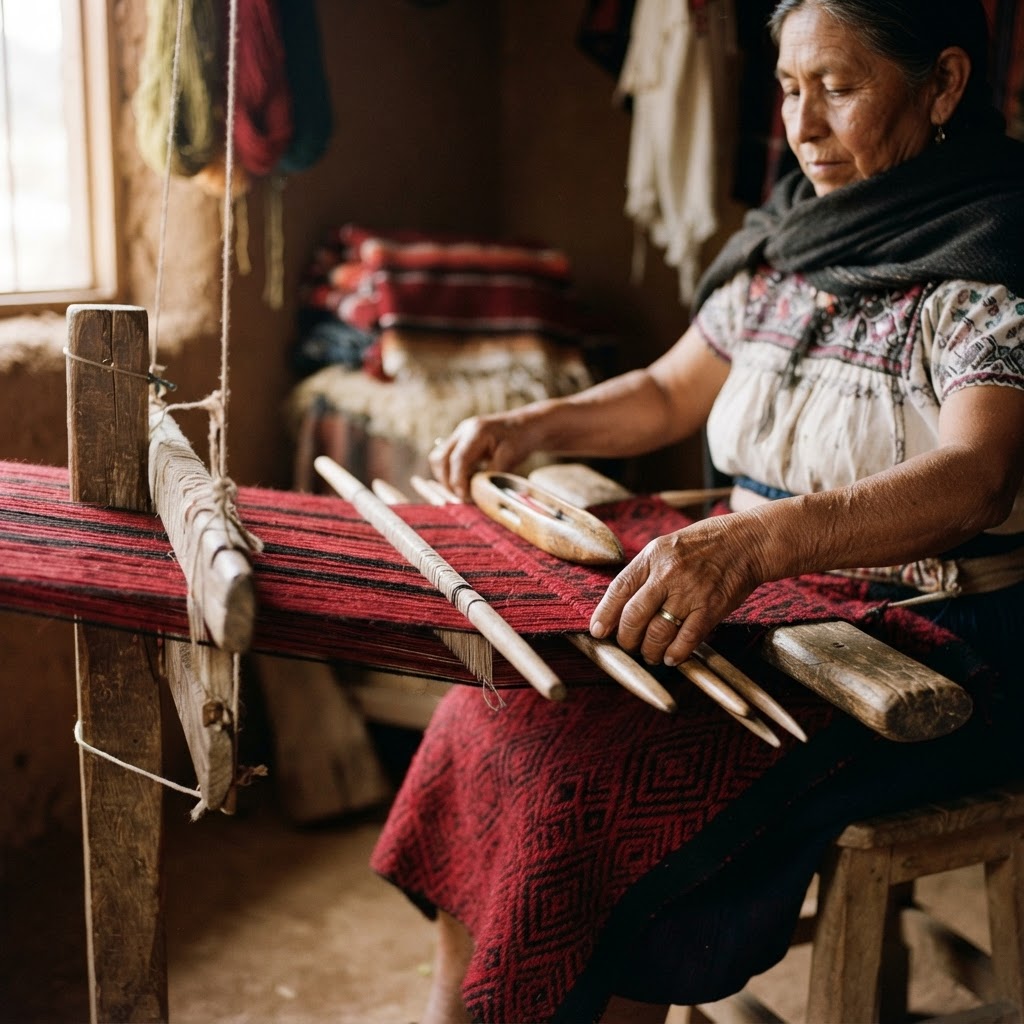 Telar de cintura tejiendo un sarape de lana en Tlaxcala