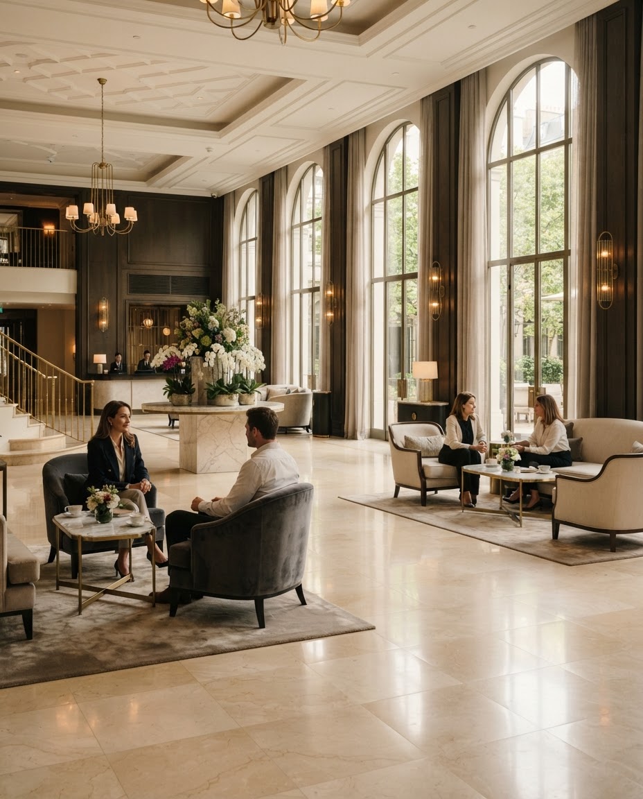 Elegant hotel lobby with guests conversing