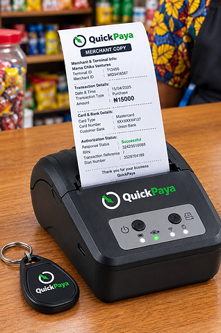 QuickPaya retail payment kit: handheld receipt printer printing a merchant copy, with the agent key fob