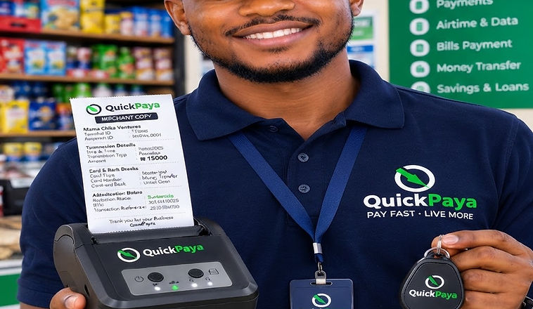 A QuickPaya agent demonstrating the retail payment kit with a merchant