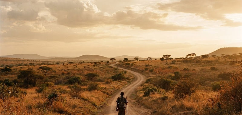 A lone figure walking a long road at golden hour