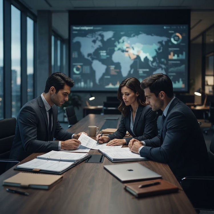 USPA risk intelligence analysts reviewing a threat assessment in a briefing room before a corporate assignment