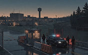 Federal nuclear research campus at dusk with emergency vehicle lights and traffic barricades at the gate, editorial illustration of the Savannah River Site emergency