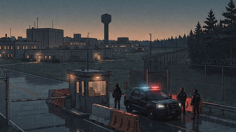 Federal nuclear research campus at dusk with emergency vehicle lights and traffic barricades at the gate, editorial illustration of the Savannah River Site emergency