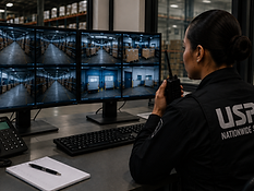 USPA security operator monitoring warehouse CCTV cameras from a control room