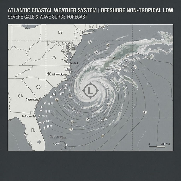 Editorial illustration of a subtropical low-pressure system off the Carolina coast with wind and coastal flooding risk indicators