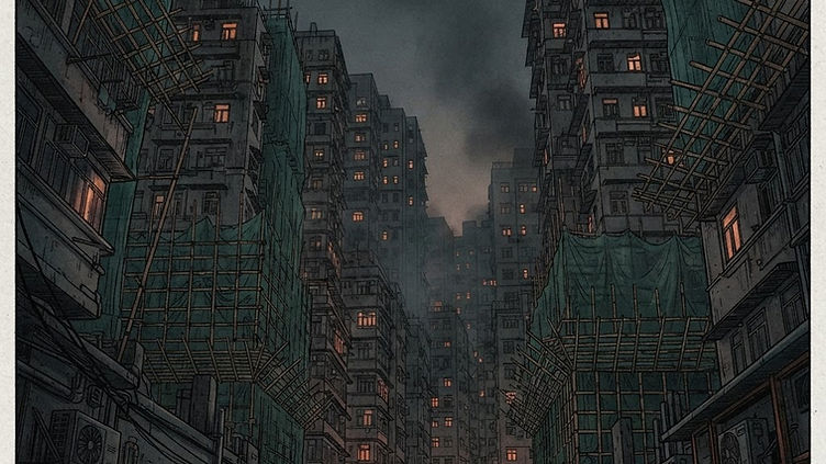 Hong Kong residential tower blocks under maintenance wrapped in green netting and bamboo scaffolding at dusk, editorial illustration