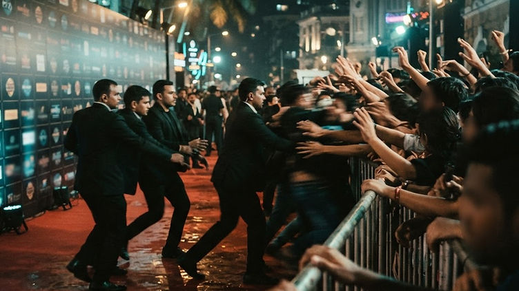 Crowded red carpet premiere at night with steel barricades and security moving toward a breach, illustrating fan boundaries and celebrity protection after the Wicked: For Good Singapore premiere
