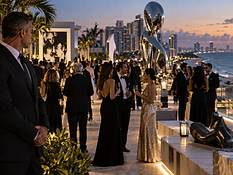 Event security agent overlooking a black-tie rooftop reception in Miami at sunset