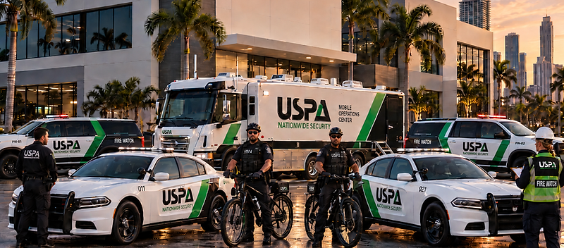 USPA mobile operations fleet with patrol vehicles and a mobile command unit at sunset
