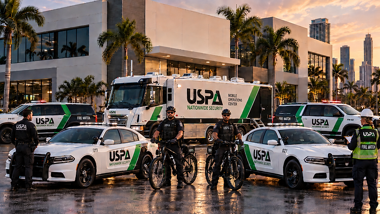 USPA security fleet with marked patrol vehicles staged at sunset
