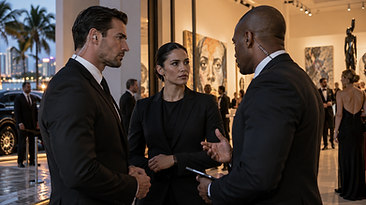 Protection team coordinating coverage during an art event in Miami