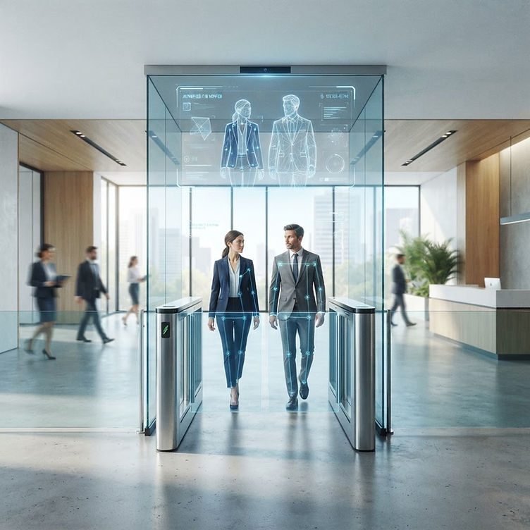Corporate lobby turnstile with AI tailgating detection - physical security and access control for commercial buildings