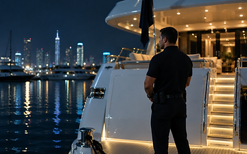 Security officer standing watch at the stern of a superyacht in a marina at night