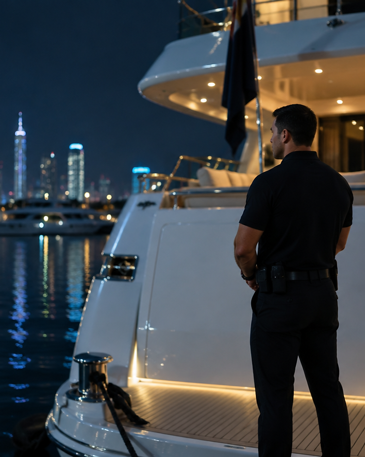 Security officer controlling the gangway of a large motor yacht berthed at a marina