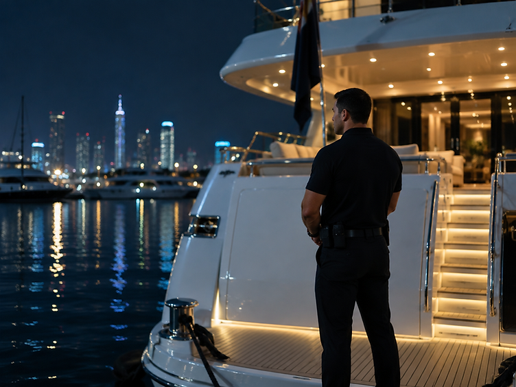 Security officer standing watch at a port terminal gate with container cranes in the background