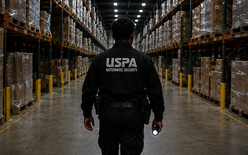 USPA industrial security guard patrolling a manufacturing plant floor