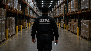 USPA fire watch guard patrolling a warehouse storage aisle with a flashlight
