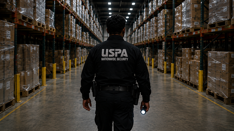 USPA industrial security guard patrolling a manufacturing plant floor