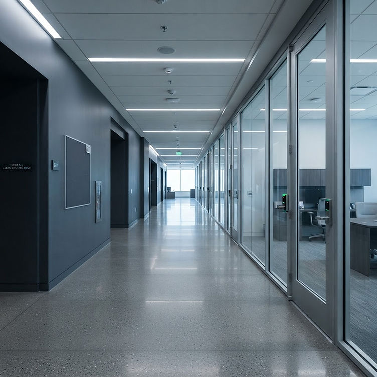 Locked access-controlled corridor in a commercial building - active shooter lockdown planning and emergency security response
