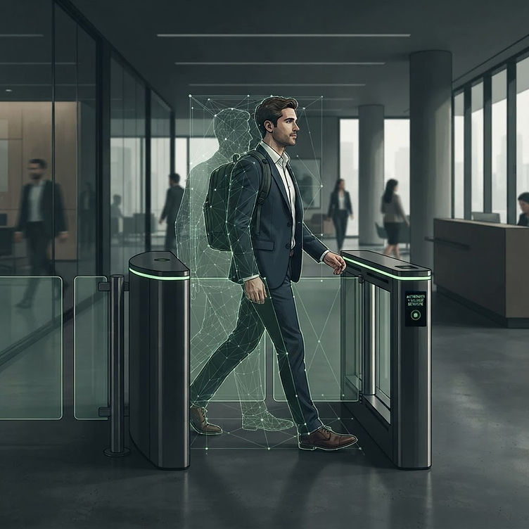 Corporate lobby turnstile with AI tailgating detection - physical security and access control for commercial buildings