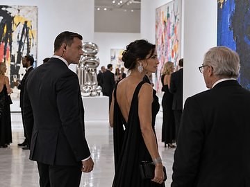 Event security agent accompanying guests through an art gallery during a Miami exhibition