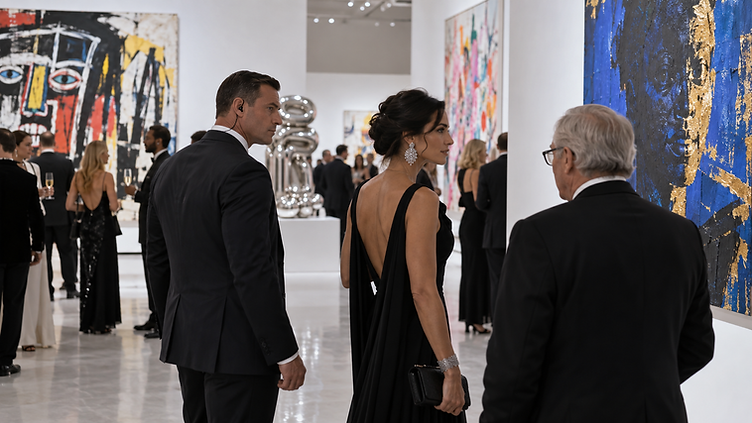 Event security agent accompanying guests through an art gallery during a Miami exhibition