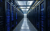 Illustration of a secure data centre corridor between rows of server racks with cold blue lighting and overhead cable trays
