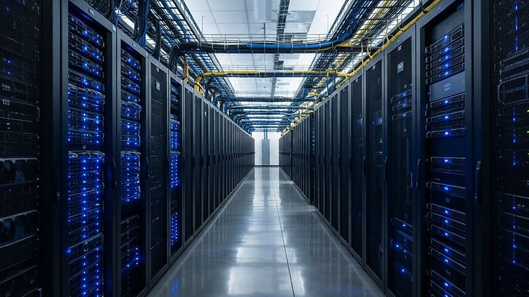 Illustration of a secure data centre corridor between rows of server racks with cold blue lighting and overhead cable trays