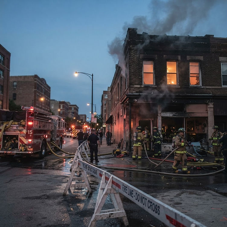 Editorial illustration of a three-alarm fire at a two-story mixed-use restaurant and apartment building on a downtown New Jersey street, with firefighters and apparatus visible at the scene