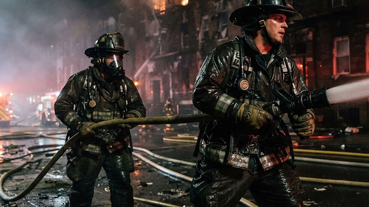 Firefighters in turnout gear working a hose line at a multi-story apartment building fire at night, symbolic editorial photograph for USPA Nationwide Security newsroom