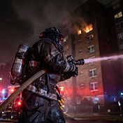 Firefighter in turnout gear working a hoseline at night outside a multi-story apartment building with visible smoke and glow from upper floors