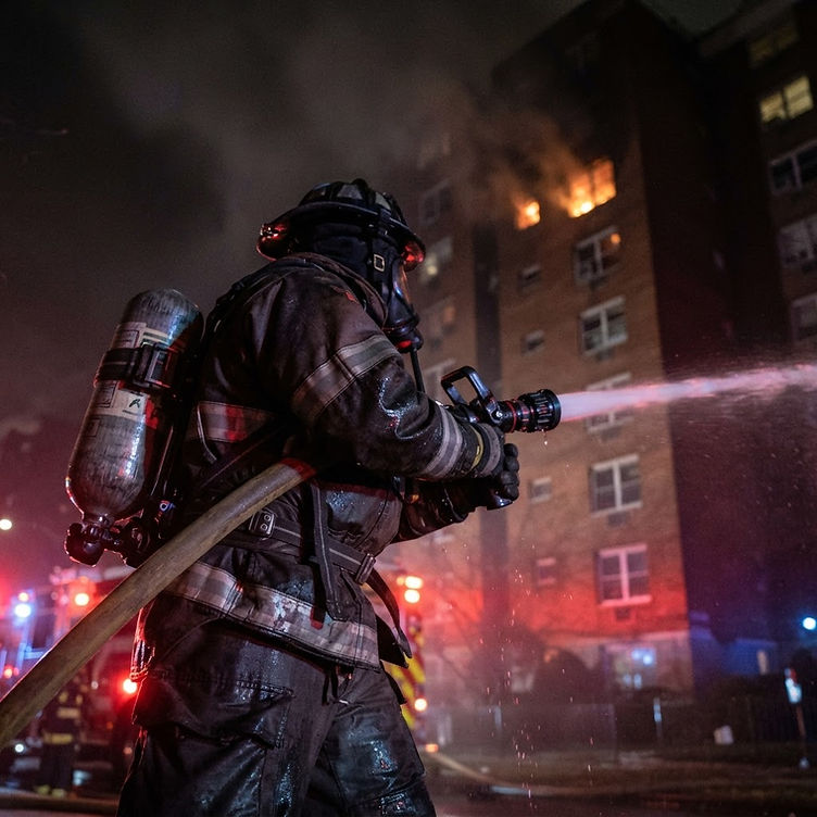 Firefighter in turnout gear working a hoseline at night outside a multi-story apartment building with visible smoke and glow from upper floors