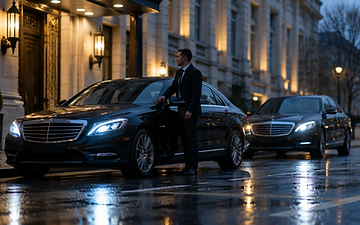 Official motorcade waiting beside a lit government building entrance at dusk