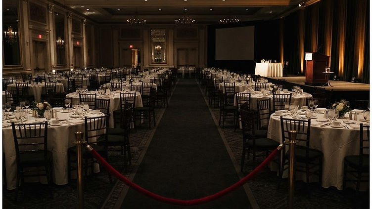 Illustration of a black-tie banquet ballroom with a lectern and a velvet rope line. Editorial illustration, not a photograph of the Washington Hilton.