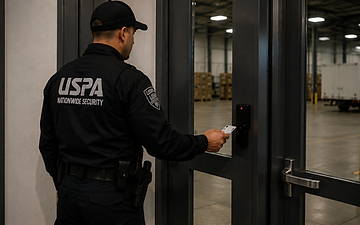 USPA uniformed security officer checking badge access at a commercial facility entrance