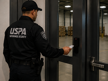 USPA uniformed security officer checking badge access at a commercial facility entrance