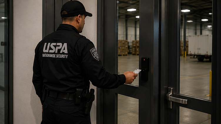 USPA uniformed security officer checking badge access at a commercial facility entrance