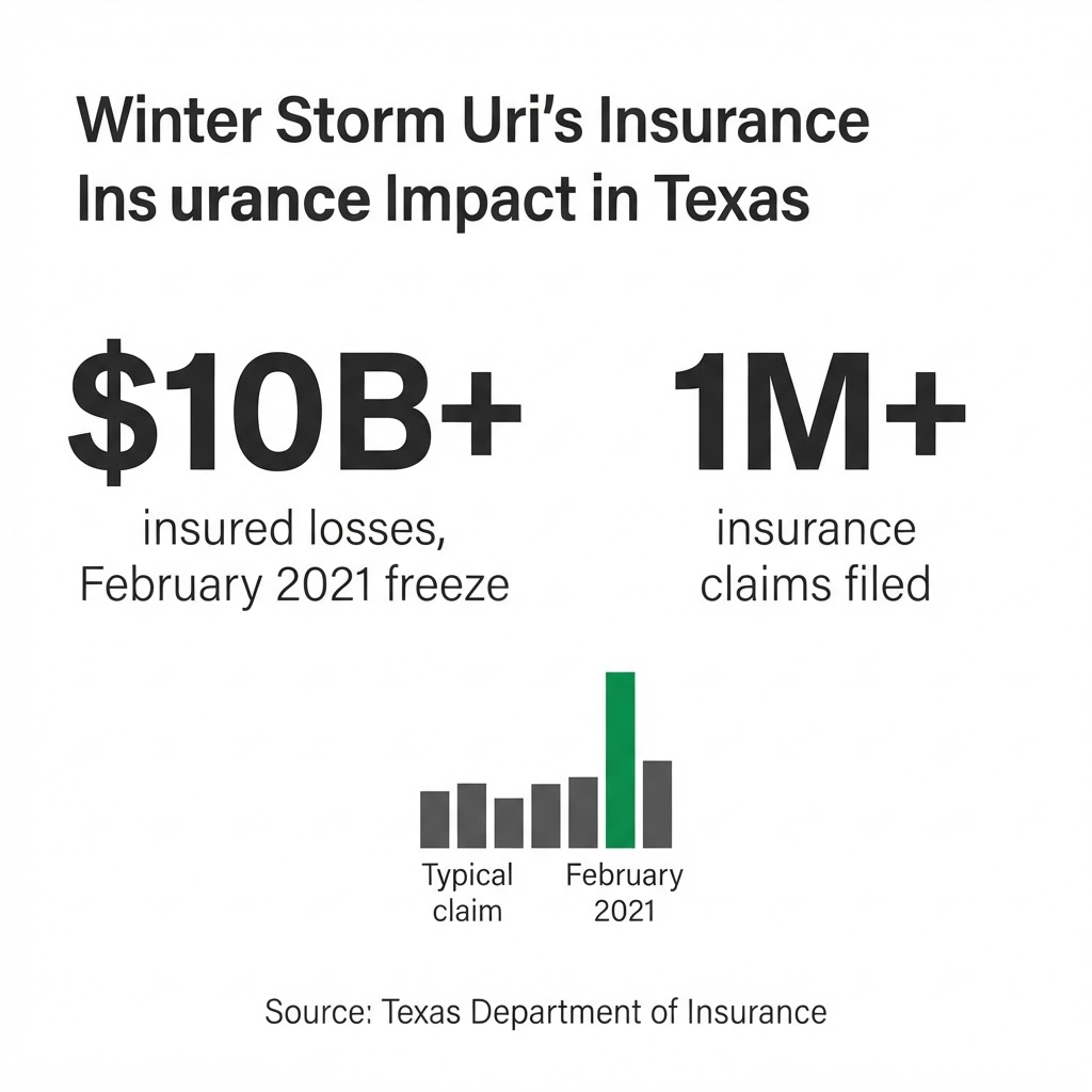 Infographic of the insurance impact of the February 2021 Texas freeze: more than 10 billion dollars in insured losses and more than one million claims filed, compared with a typical winter claim volume. Source: Texas Department of Insurance.