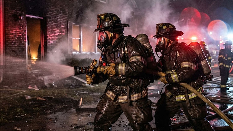 Firefighters in turnout gear operating at night outside a two-story apartment building, emergency lights illuminating the scene