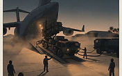 Patriot air defense launcher on a desert airbase apron at dusk with a cargo aircraft and ground crew, editorial illustration of U.S. force posture in the Middle East
